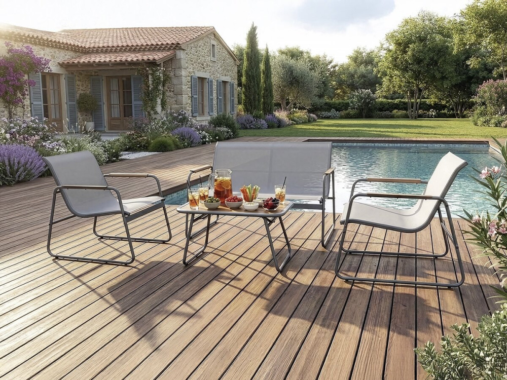 Conjunto de muebles de jardín de metal "Sparta" con decoración imitación madera - 4 plazas - Gris claro