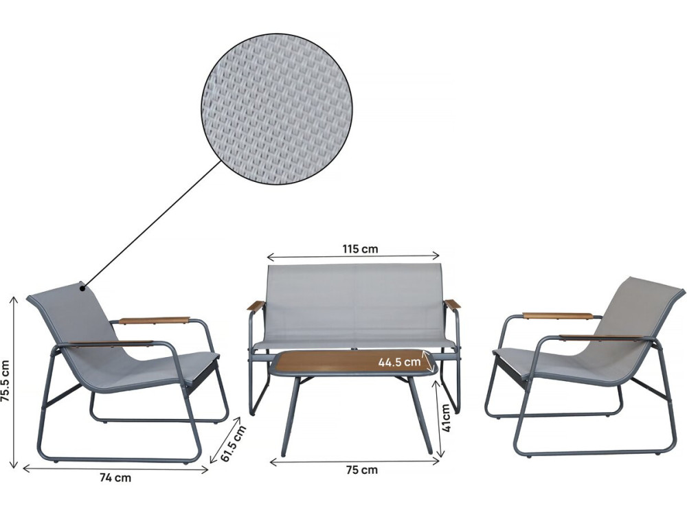 Conjunto de muebles de jardín de metal "Sparta" con decoración imitación madera - 4 plazas - Gris claro