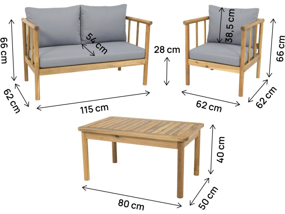 Conjunto de muebles de jardín de madera "Milano" con cojines - 4 plazas - Gris