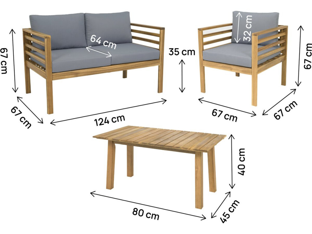 Conjunto de muebles de jardín de madera con cojines "Beckham" - 4 plazas - Gris