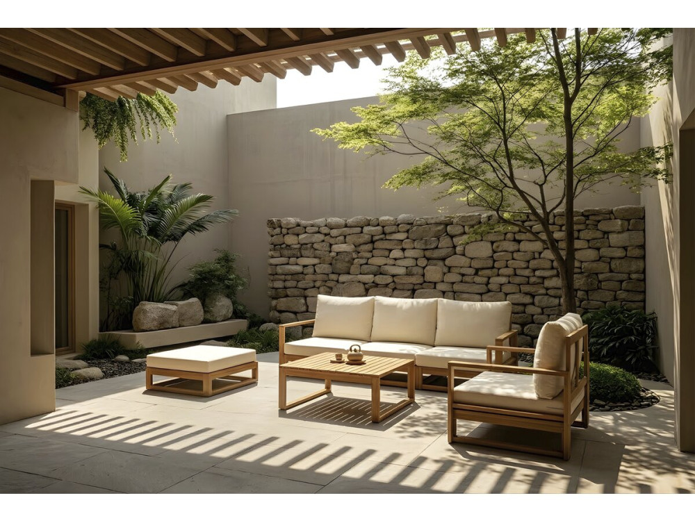 Conjunto de muebles de jardín modulares de madera "Bellingham" con cojines - 5 plazas - Beige