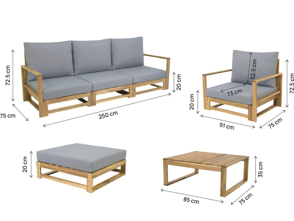 Conjunto de muebles de jardín de madera de acacia con cojines "Bellingham" - 5 plazas - Gris