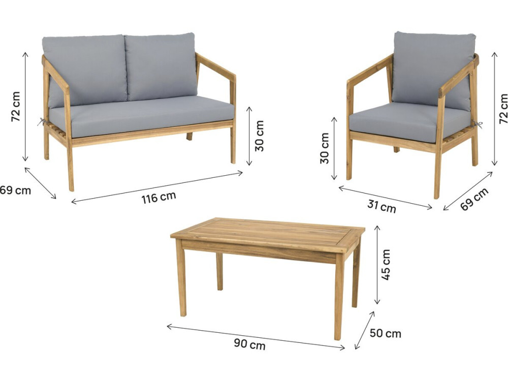 Conjunto de muebles de jardín de madera "Presley" con cojines - 4 plazas - Gris