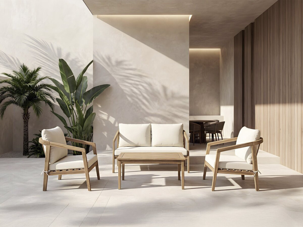 Conjunto de muebles de jardín de madera de acacia con cojines "Presley" - 4 plazas - Beige