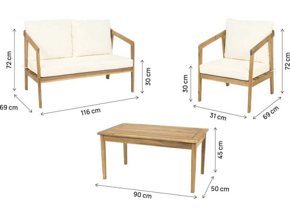 Conjunto de muebles de jardín de madera de acacia con cojines "Presley" - 4 plazas - Beige