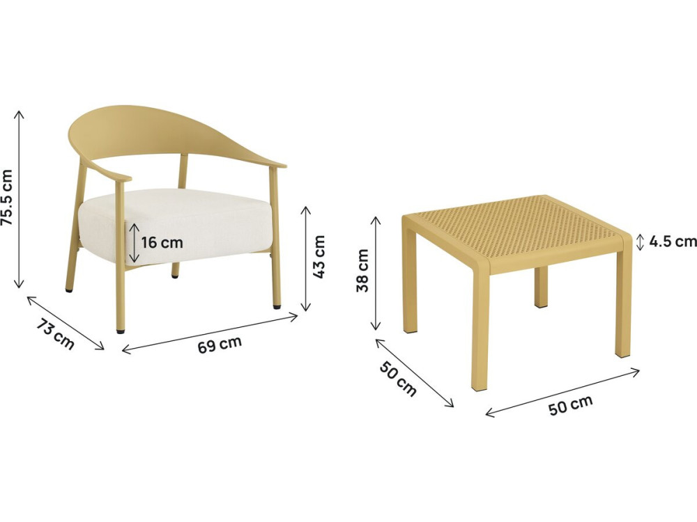 Conjunto de muebles de jardín "Céora" de metal y plástico - 2 plazas - Amarillo