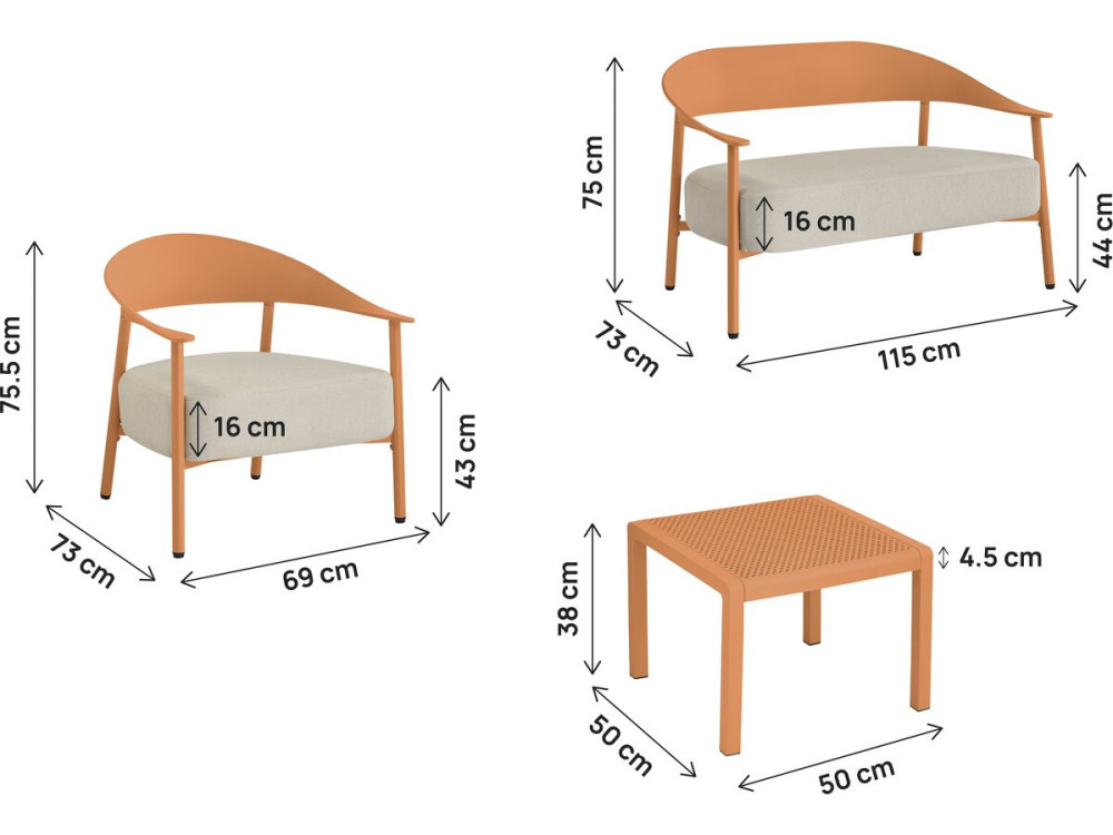 Conjunto de muebles de jardín "Céora" de metal y plástico - 4 plazas - Naranja