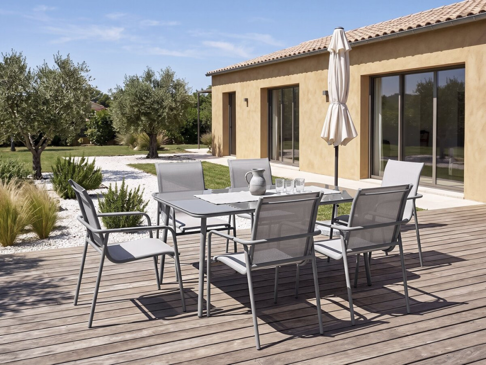 Juego de comedor de metal para jardín "Málaga" - 7 plazas - Gris