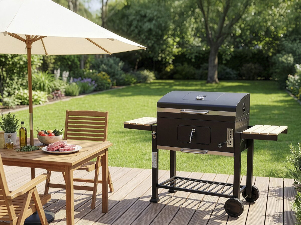 Barbacoa de carbón "Marquis" con estantes laterales y parrillas ajustables - Negro
