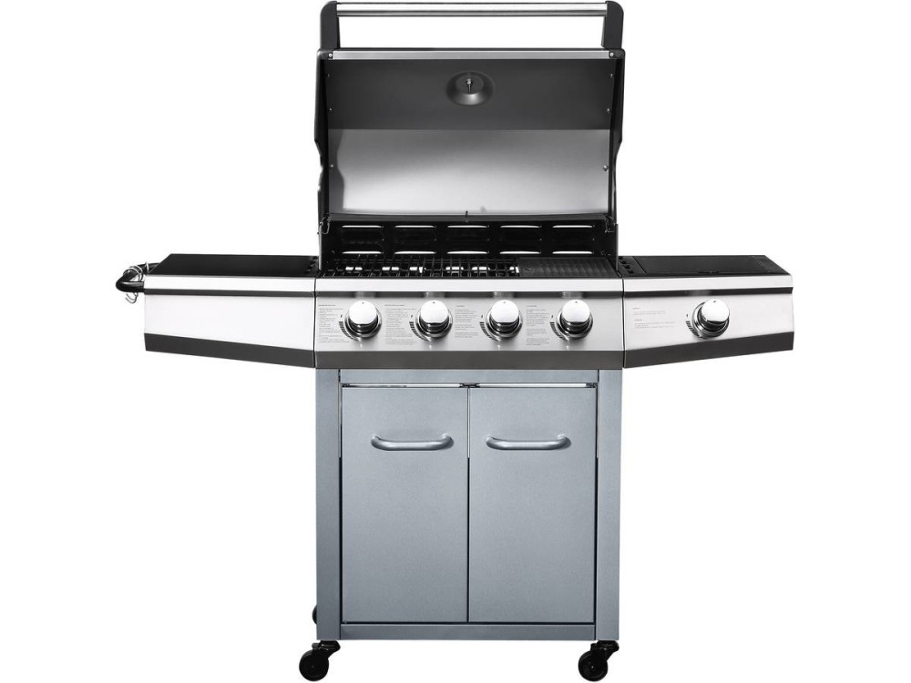 Barbacoa a gas con LED "Bingo 5" - 5 quemadores donde 1 es lateral - 15.2kW + Funda de protección - Plateado