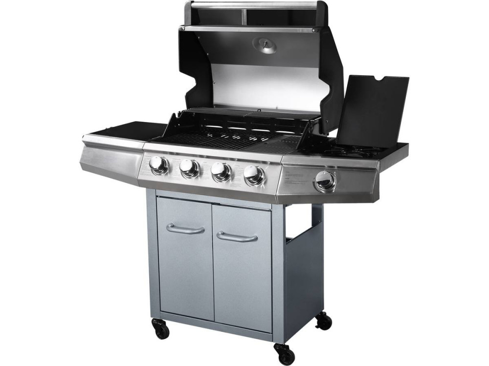 Barbacoa a gas con LED "Bingo 5" - 5 quemadores donde 1 es lateral - 15.2kW + Funda de protección - Plateado