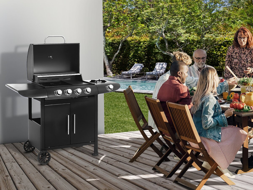 Barbacoa de gas "Feria 5" - 5 fuegos incluido 1 lateral - 14,5 kW - Negro