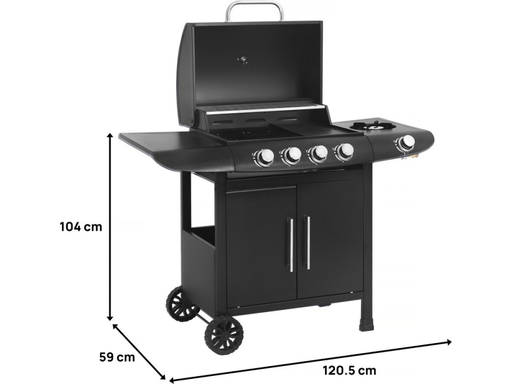 Barbacoa de gas "Feria 5" - 5 fuegos incluido 1 lateral - 14,5 kW - Negro