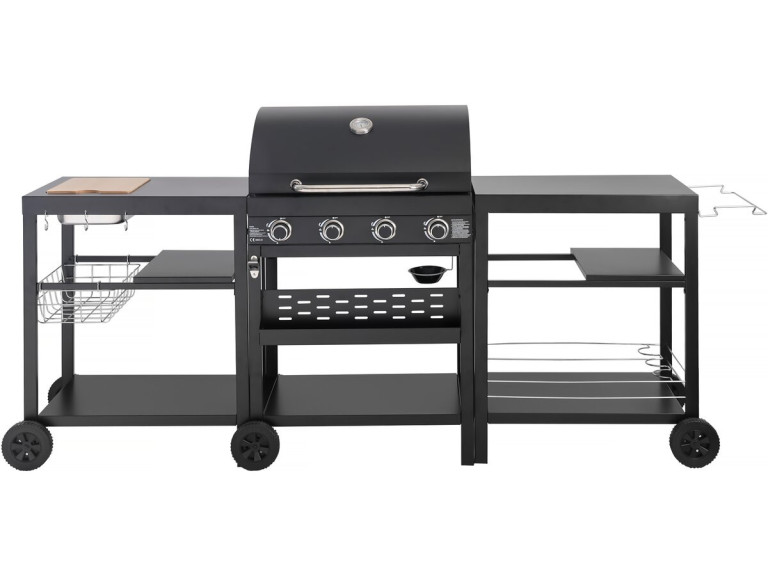 Barbacoa de gas para cocina exterior - 12 kW - 4 fuegos - Negro