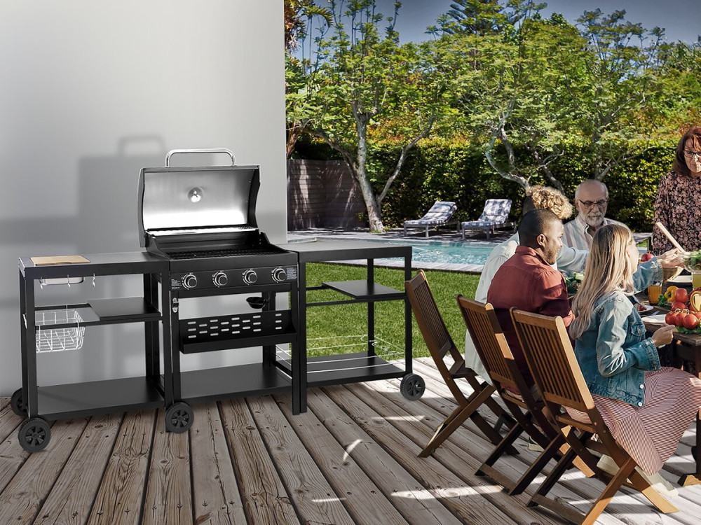 Barbacoa de gas para cocina exterior - 12 kW - 4 fuegos - Negro