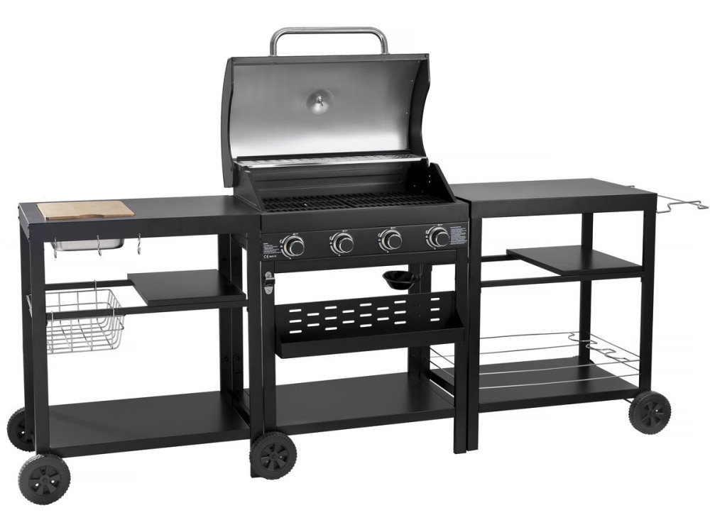 Barbacoa de gas para cocina exterior - 12 kW - 4 fuegos - Negro