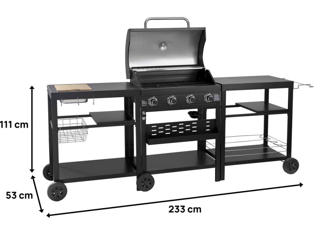 Barbacoa de gas para cocina exterior - 12 kW - 4 fuegos - Negro