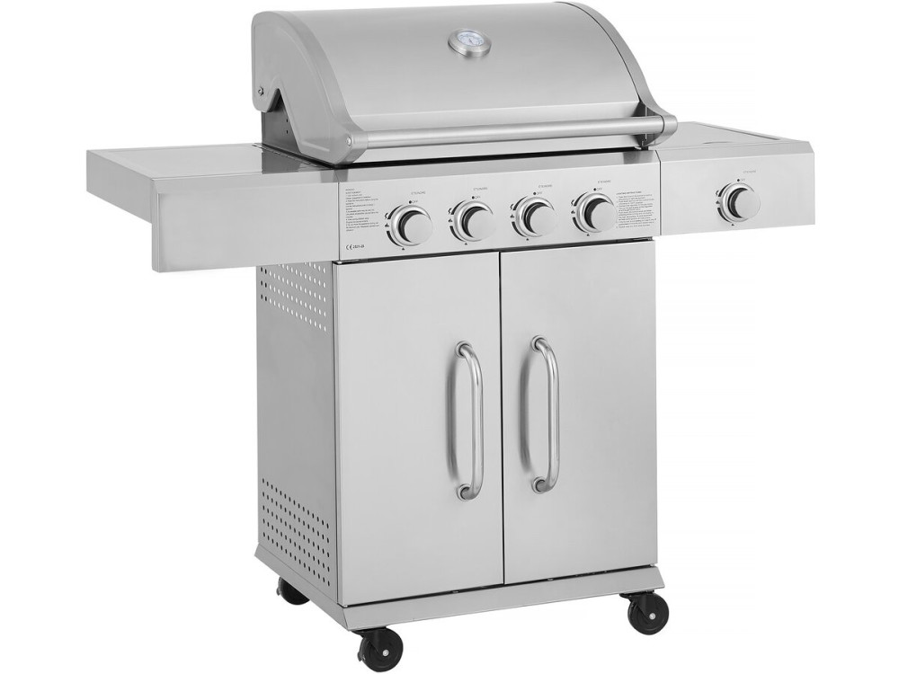 Barbacoa de gas de acero inoxidable con 5 quemadores incluyendo 1 quemador lateral "Brazzo" - 118 x 57 x 104 cm - Gris claro
