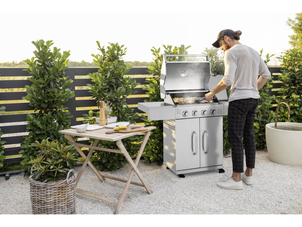 Barbacoa de gas de acero inoxidable con 5 quemadores incluyendo 1 quemador lateral "Brazzo" - 118 x 57 x 104 cm - Gris claro