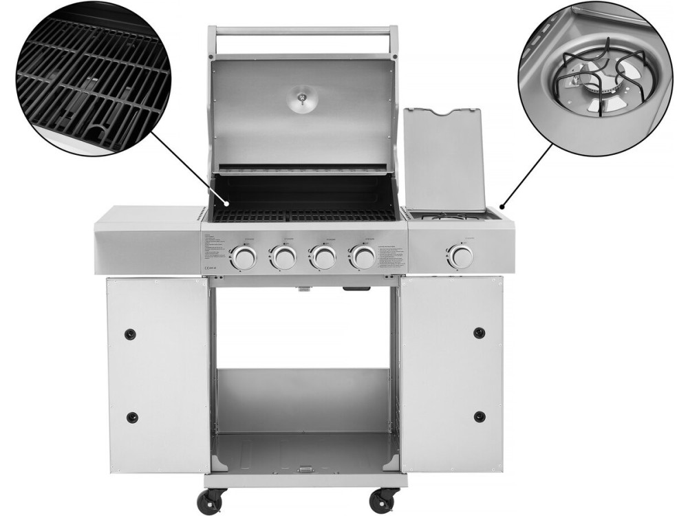 Barbacoa de gas de acero inoxidable con 5 quemadores incluyendo 1 quemador lateral "Brazzo" - 118 x 57 x 104 cm - Gris claro