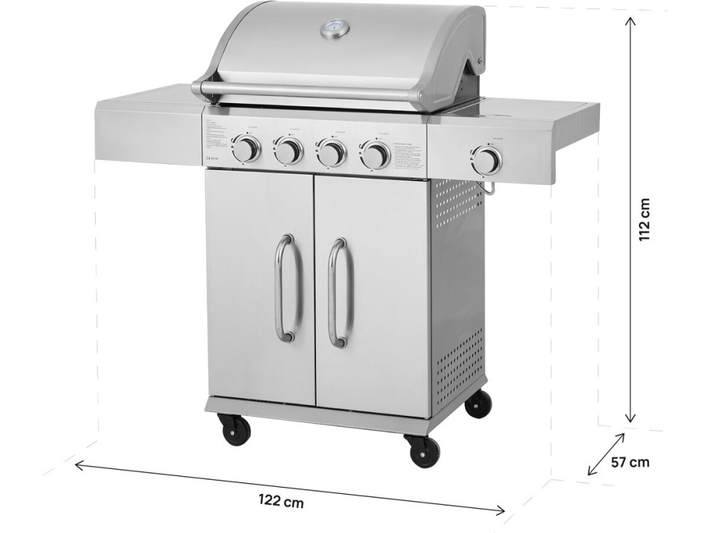 Barbacoa de gas de acero inoxidable con 5 quemadores incluyendo 1 quemador lateral "Brazzo" - 118 x 57 x 104 cm - Gris claro
