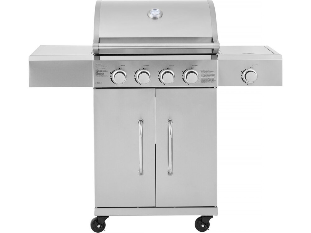 Barbacoa de gas de acero inoxidable con 5 quemadores incluyendo 1 quemador lateral "Brazzo" - 118 x 57 x 104 cm - Gris claro