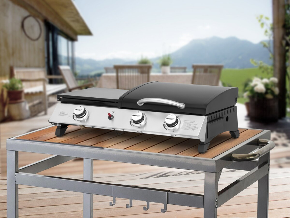 Plancha de gas con tapa "Rasio" - 7,5 KW - 3 fuegos - Negra