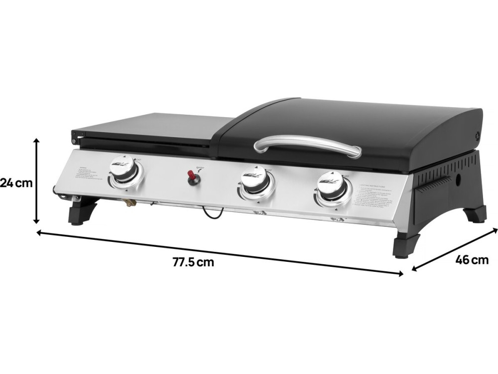 Plancha de gas con tapa "Rasio" - 7,5 KW - 3 fuegos - Negra