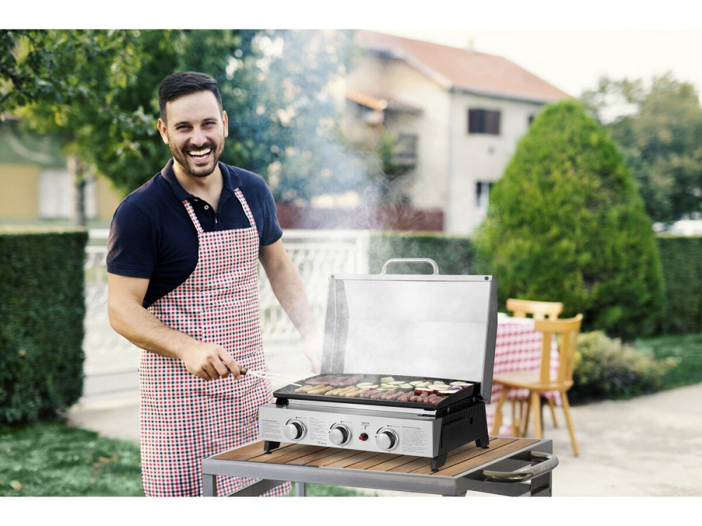 Plancha de asar a gas con 3 quemadores y tapa metálica "Fasto" - 7,5 kw - Gris