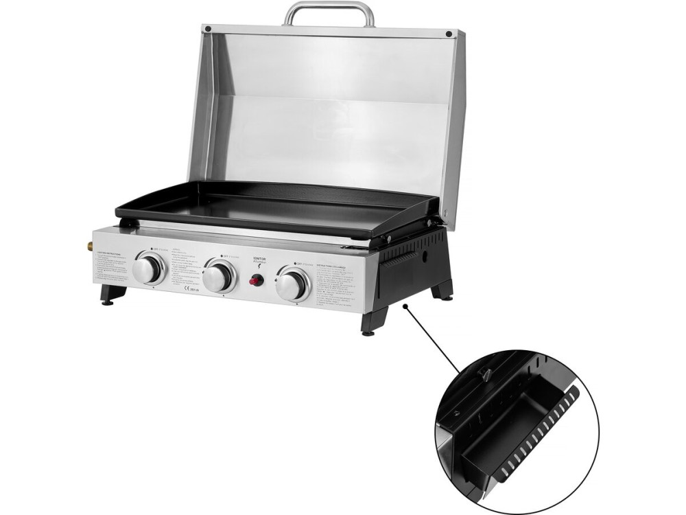 Plancha de asar a gas con 3 quemadores y tapa metálica "Fasto" - 7,5 kw - Gris