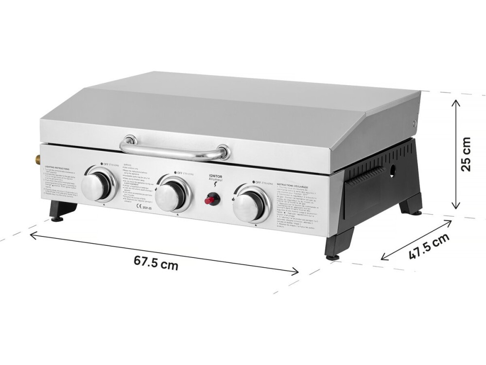 Plancha de asar a gas con 3 quemadores y tapa metálica "Fasto" - 7,5 kw - Gris