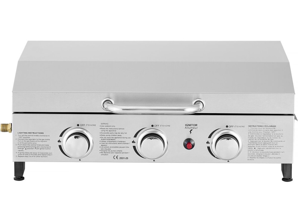 Plancha de asar a gas con 3 quemadores y tapa metálica "Fasto" - 7,5 kw - Gris
