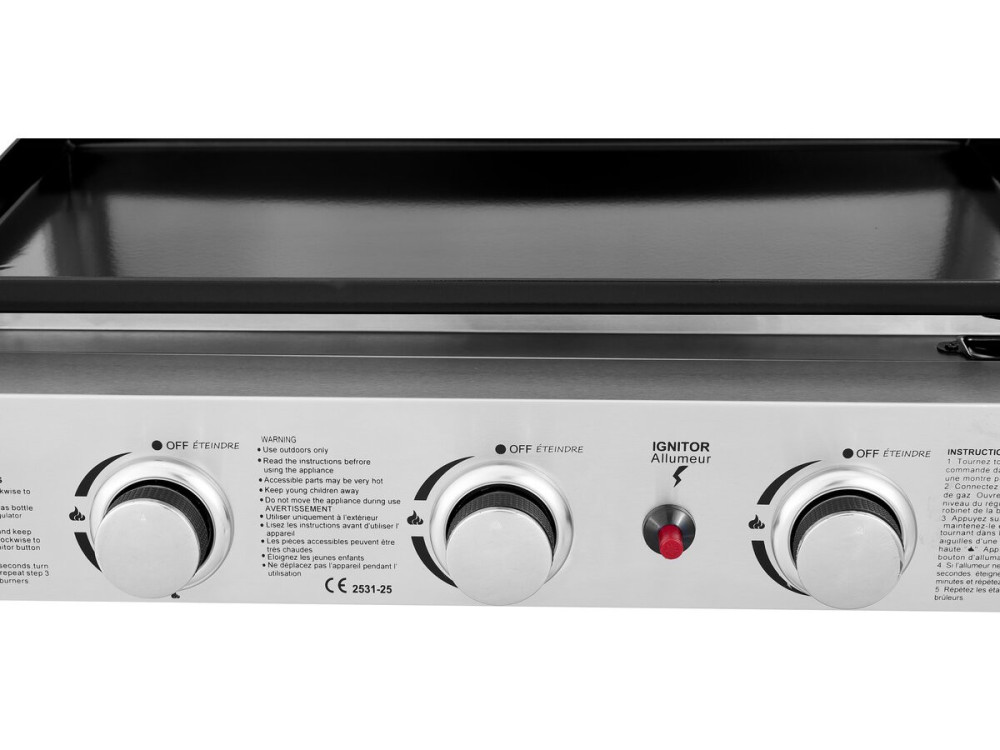 Plancha de asar a gas con 3 quemadores y tapa metálica "Fasto" - 7,5 kw - Gris