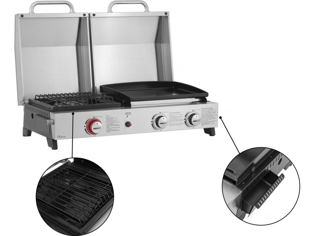 Plancha de gas y plancha "Flamo" - 3 quemadores - Gris