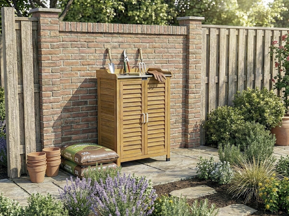 Armario de jardín de madera "Alexia" con ruedas - 66 x 41 x 101 cm - Marrón
