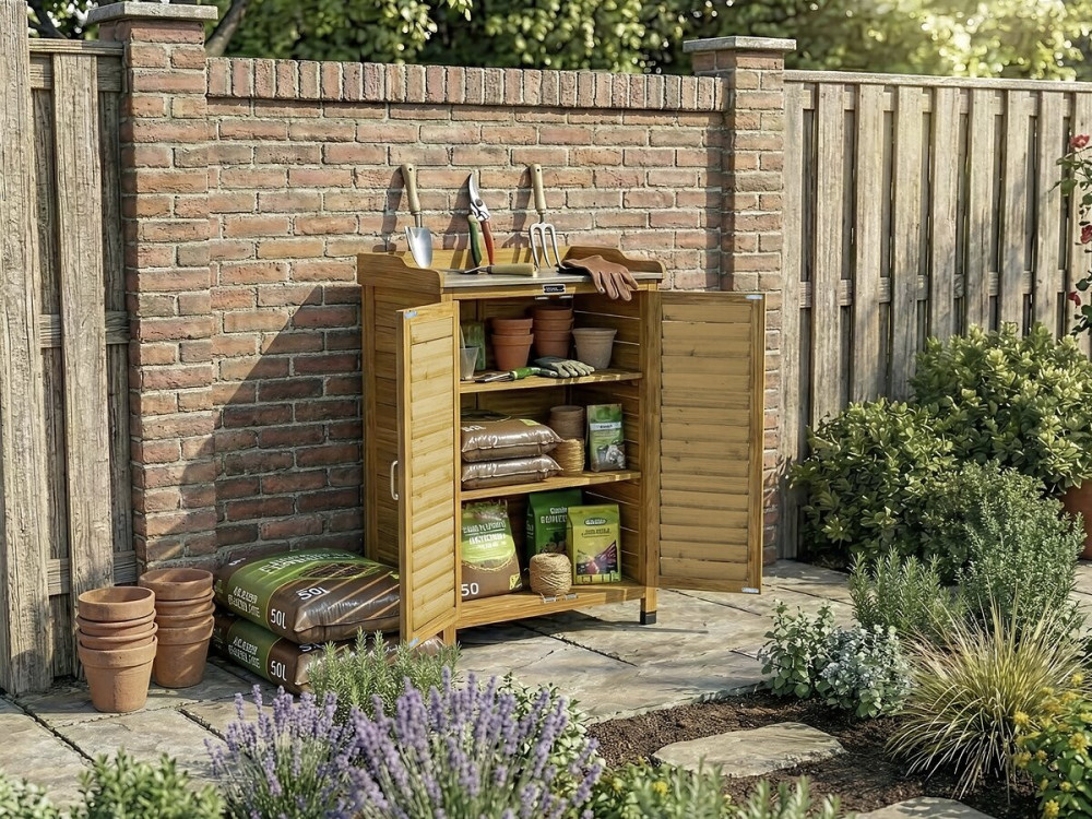Armario de jardín de madera "Alexia" con ruedas - 66 x 41 x 101 cm - Marrón