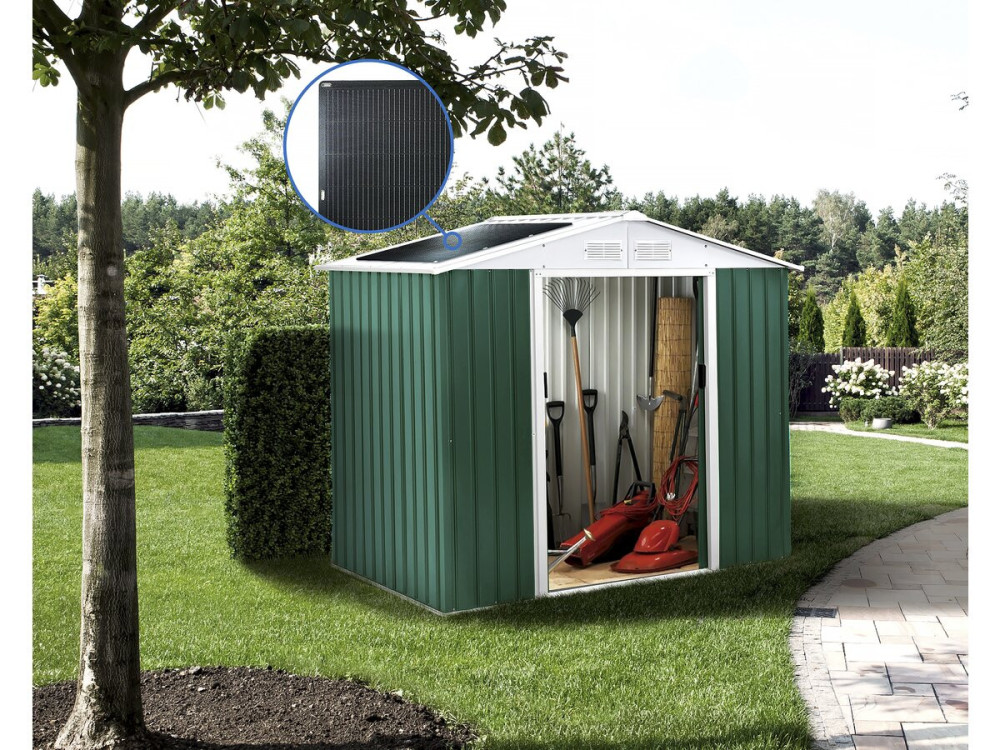 Caseta de jardín metálica - "Rosas" - 2,71 m² con paneles solares - Verde