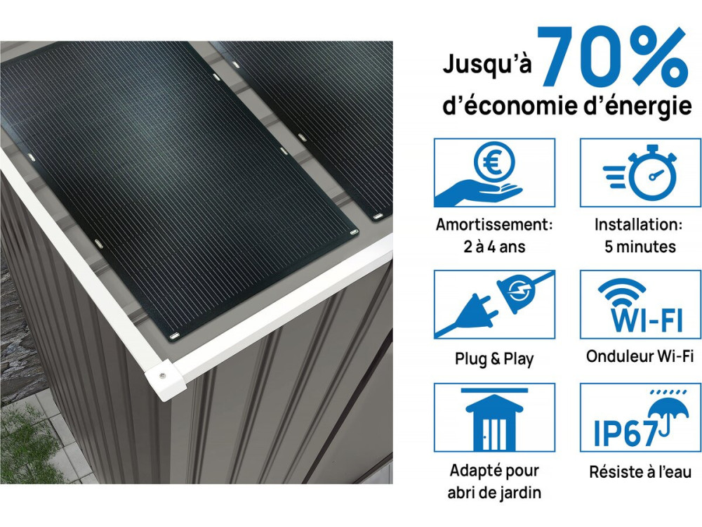 Cobertizo de jardín metálico «Dallas» - 12,99 m² con panel solar
