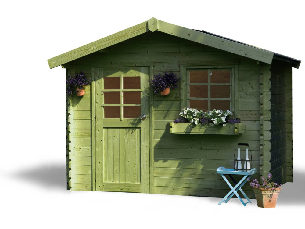 Caseta de jardín de madera "Sologne" - Modelo impregnado (verde) - 8,88 m² - 2,98 x 2,98 x 2,39 m - 28 mm