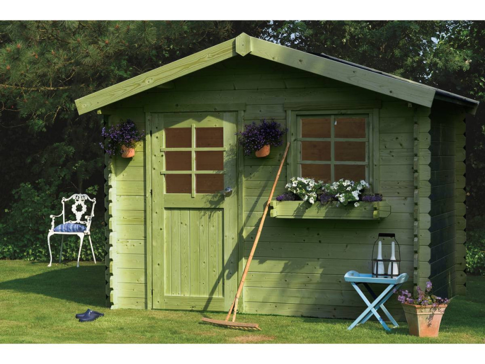 Caseta de jardín de madera "Sologne" - Modelo impregnado (verde) - 8,88 m² - 2,98 x 2,98 x 2,39 m - 28 mm