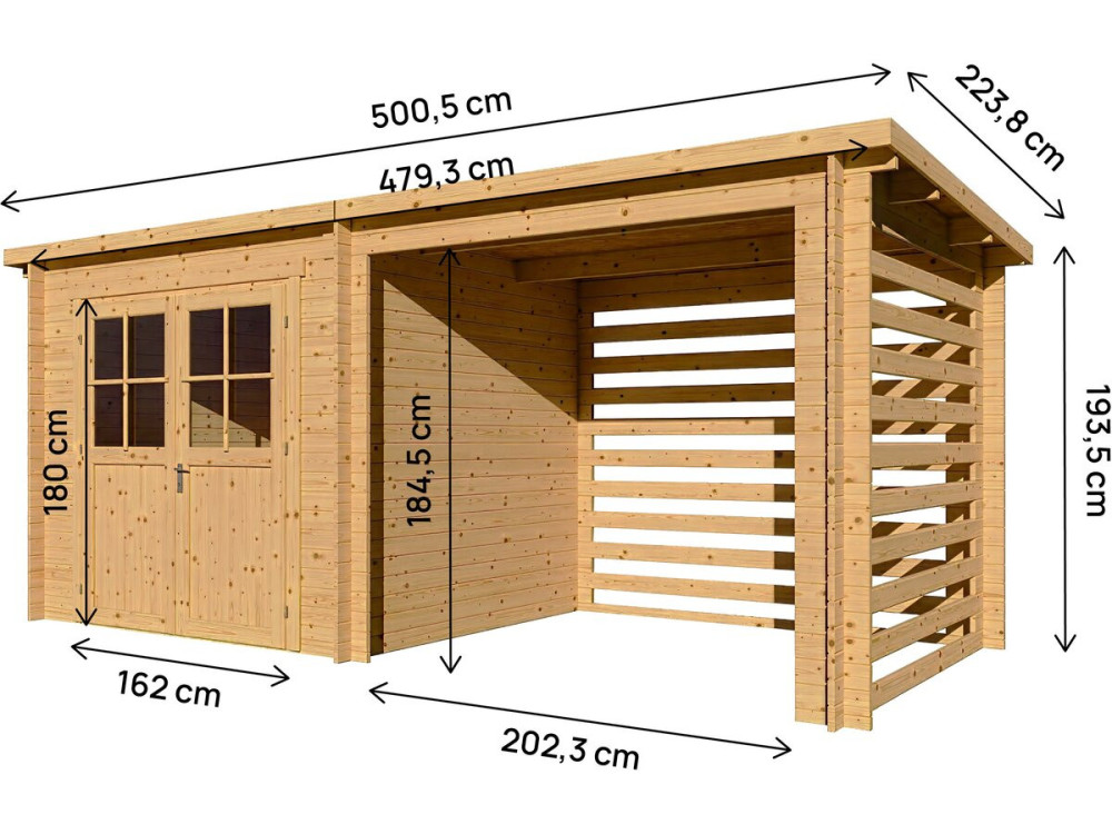 Caseta de jardín de madera con cobertizo "Aureval" - 11m² - 2,24 x 5,01 x 2,07 m - 28 mm