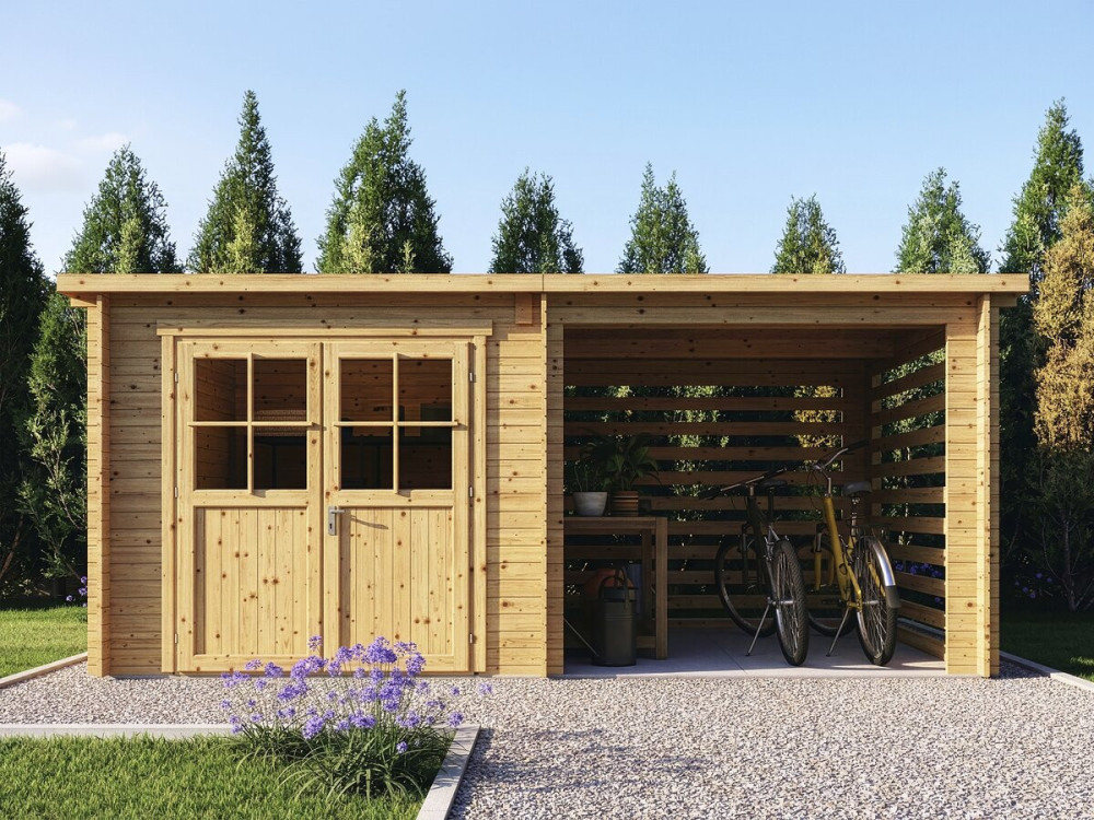 Caseta de jardín de madera con cobertizo "Aureval" - 11m² - 2,24 x 5,01 x 2,07 m - 28 mm