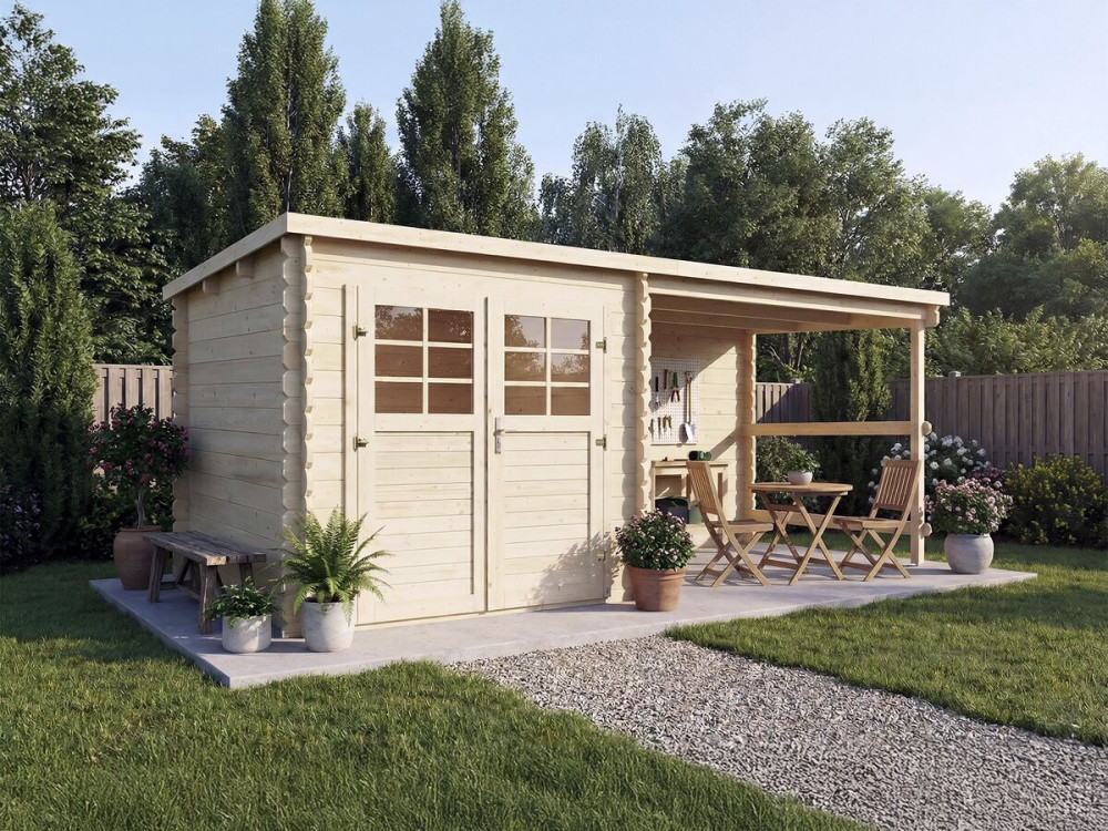 Caseta de jardín de madera "Montval" con toldo - 14 m² - 28 mm