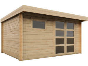 Caseta de jardín de madera "Roble" con tejado plano - 13,1 m² - 28 mm - Beige