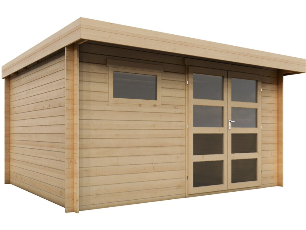 Caseta de jardín de madera "Roble" con tejado plano - 13,1 m² - 28 mm - Beige