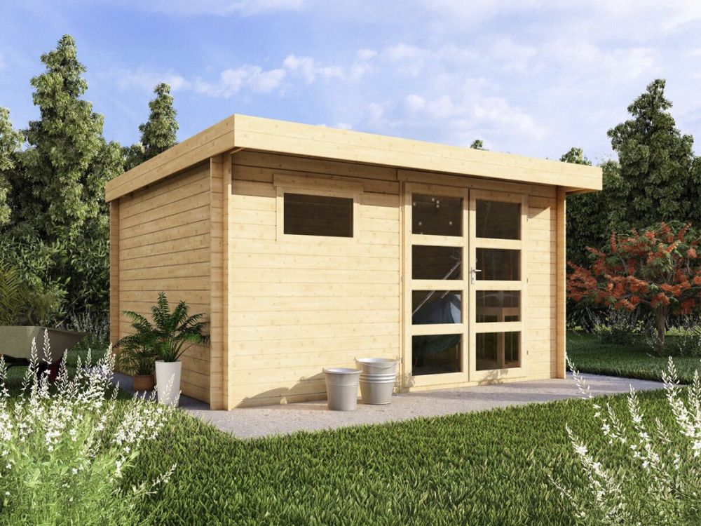 Caseta de jardín de madera "Roble" con tejado plano - 13,1 m² - 28 mm - Beige