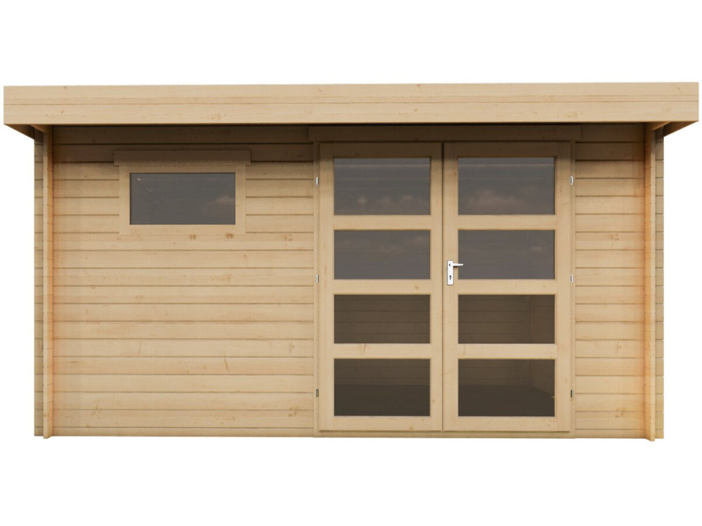 Caseta de jardín de madera "Roble" con tejado plano - 13,1 m² - 28 mm - Beige