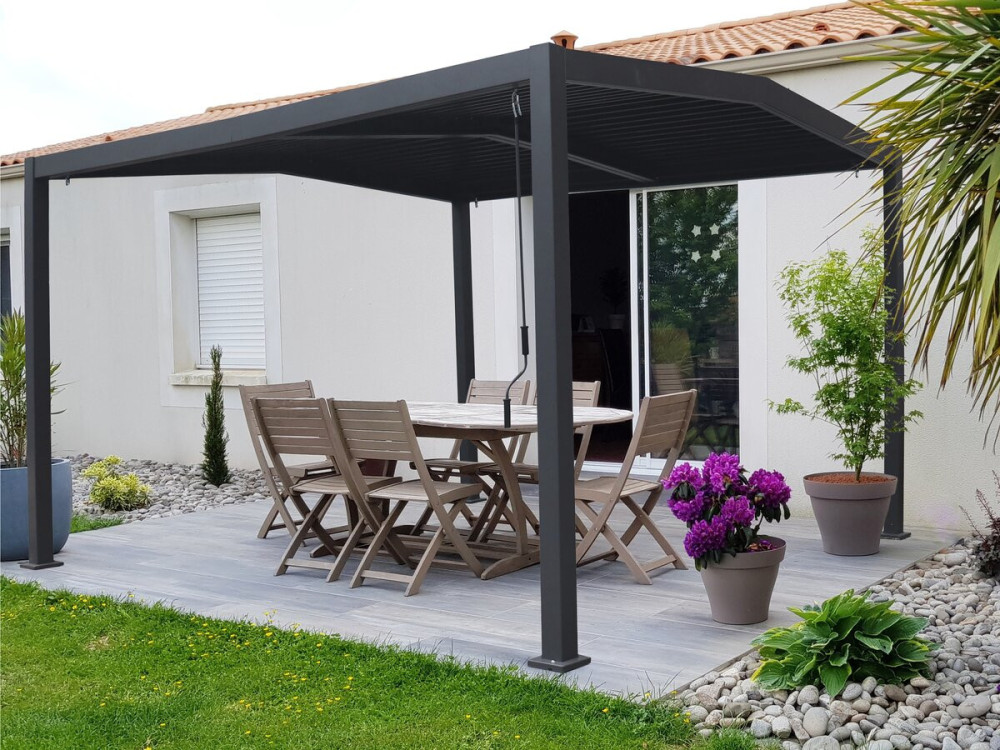 Pérgola bioclimática con techo a 2 vertientes "Victoria" en aluminio y metal - 3,5 x 4 m - Gris