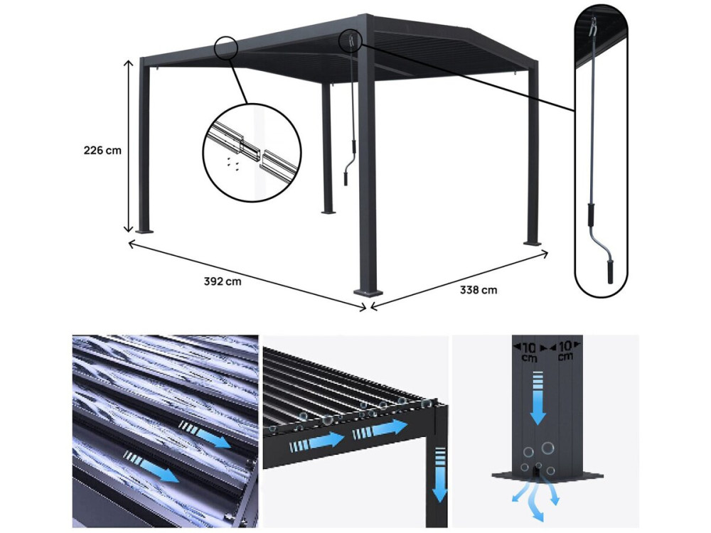 Pérgola bioclimática con techo a 2 vertientes "Victoria" en aluminio y metal - 3,5 x 4 m - Gris
