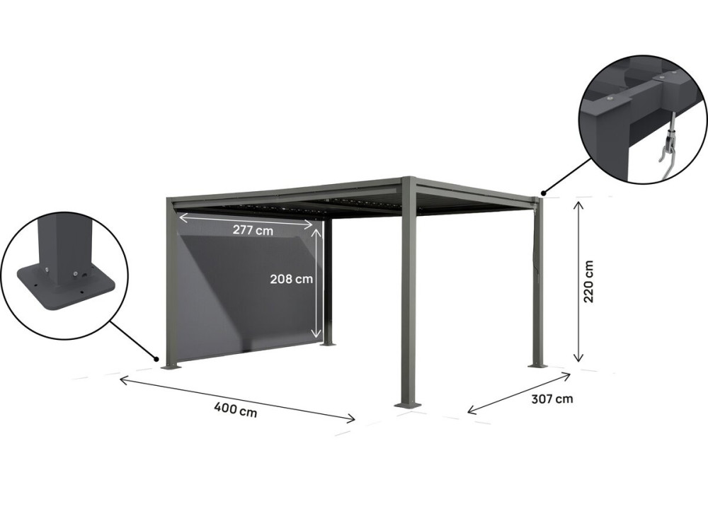 Pérgola bioclimática "Howard" con toldo de acero galvanizado - 3 x 4 m - Gris